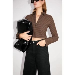 Zara Women's Houndstooth Cropped Top Long Sleeves Brown Black Size Medium NWOT